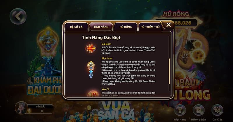 Nhiều tính năng đặc biệt được trang bị trong game Vua Săn Cá